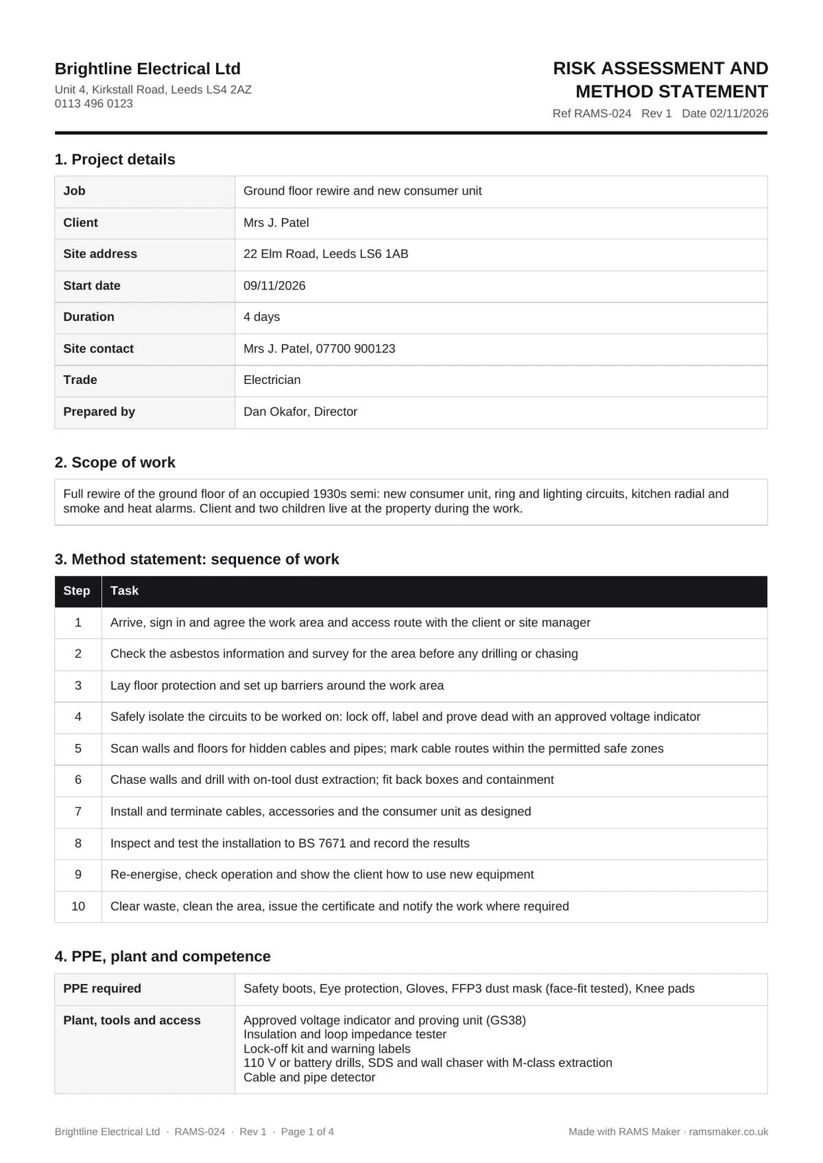 Example method statement page made with RAMS Maker showing project details and a numbered sequence of work